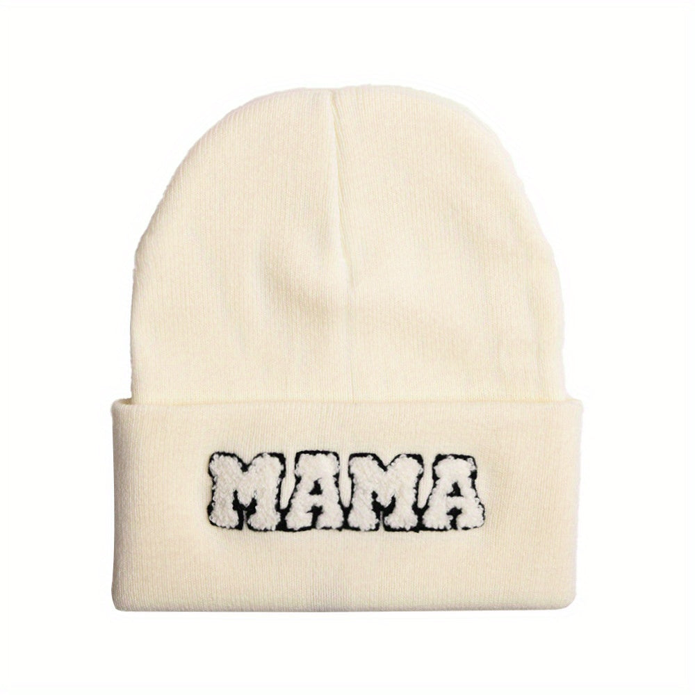 MAMA Patch Beanie Solid Knit Hat Skull Cap Coldproof Beanies Ski Hats For Women