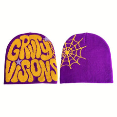 Unisex Reversible Spider Web Letter Jacquard Beanie Y2K Knit Hat