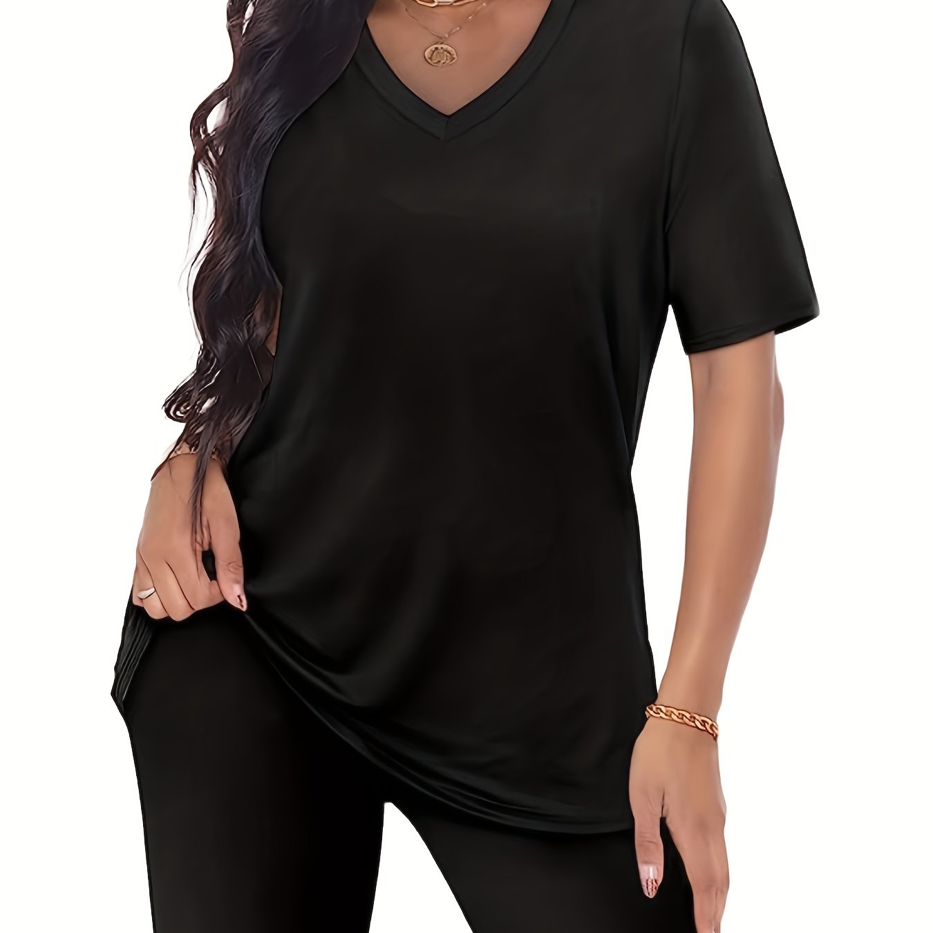 Casual Two piece Set V Neck Tee & Biker Shorts