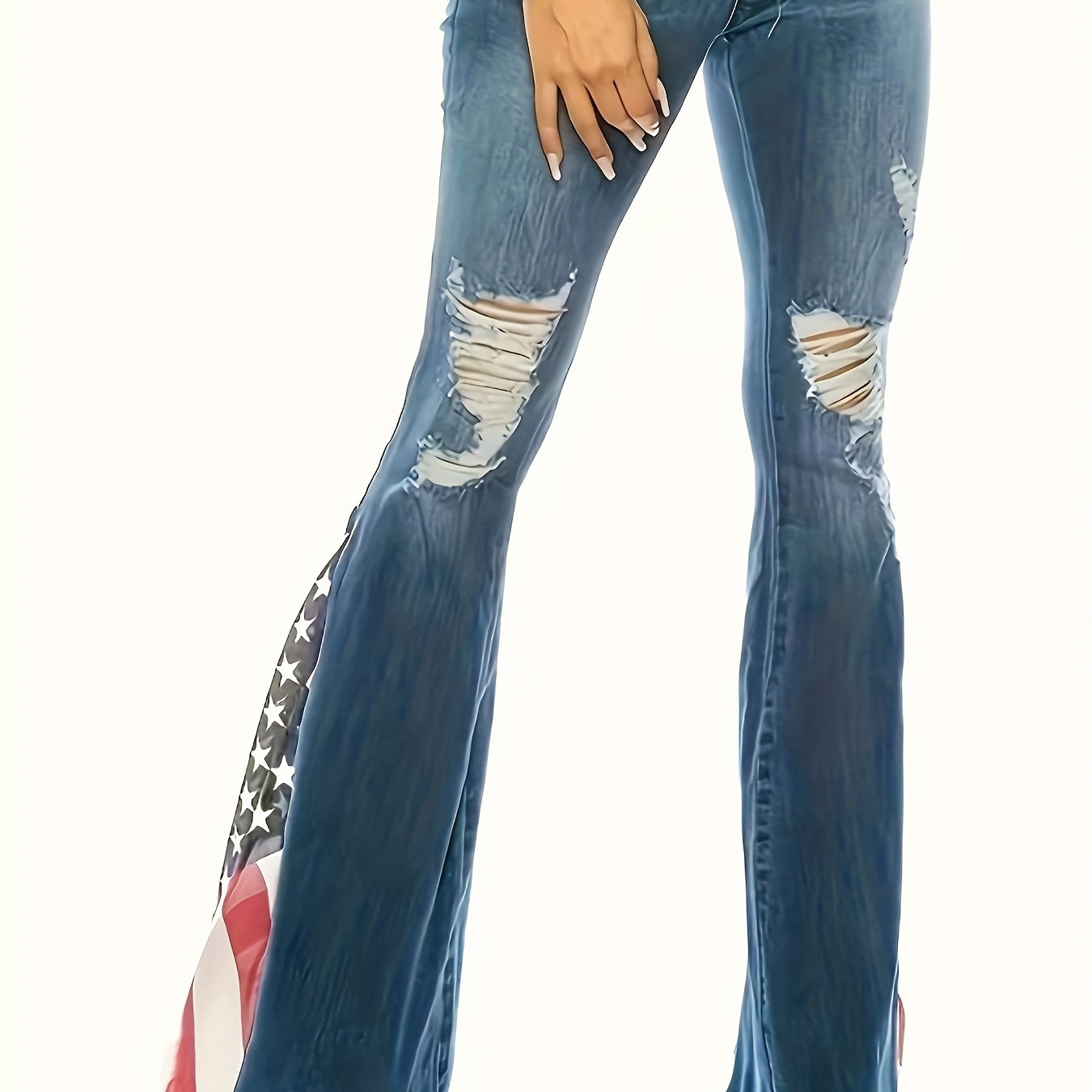 Plus Colorblock Flag Print Ripped High Stretch Flared Jeans