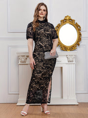  Contrast Lace Puff Sleeve Maxi Dress