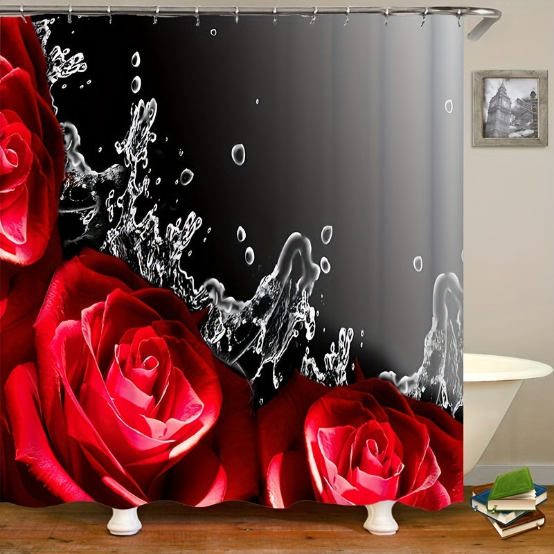 3pcs Rose Pattern Waterproof Shower Curtain & 12 Hooks Bathroom Set