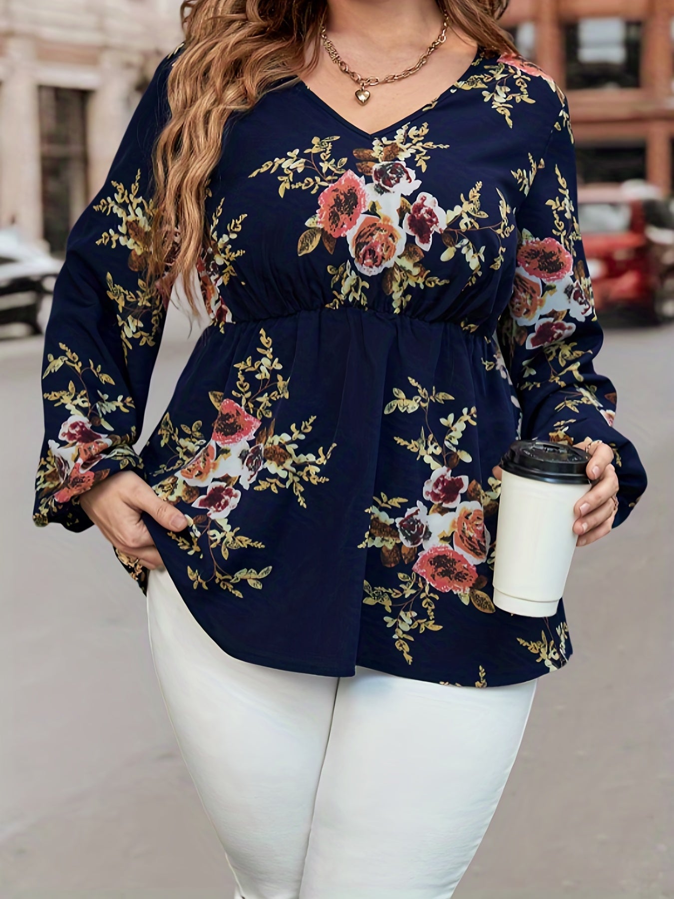  Floral Print Lantern Sleeve V Neck Peplum Top