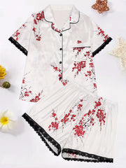  Satin Floral Print Lace Trim Pajama Set