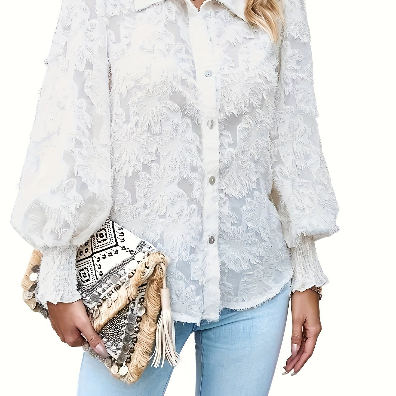  Fuzzy Floral Embroidery Shirt Top