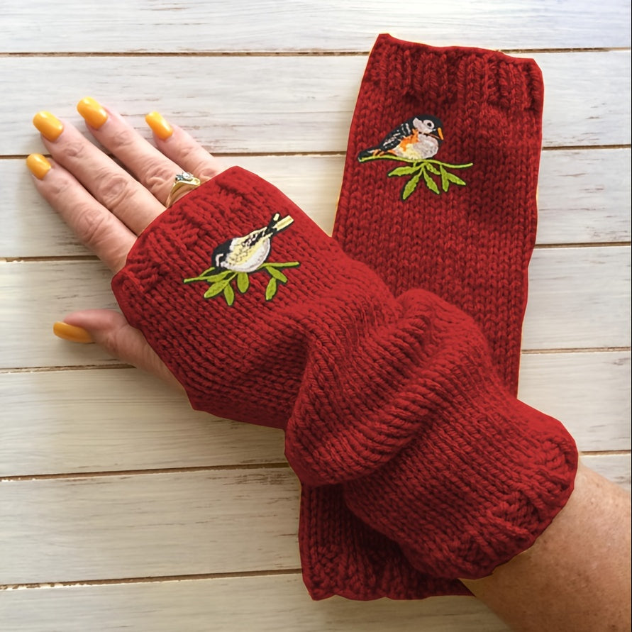 Bird Embroidered Knitted Gloves Long Warm Fingerless Gloves