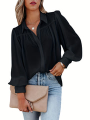  Solid Button Up Lantern Sleeve Blouse
