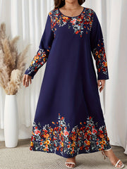  Floral Print Long Sleeve Abaya Dress