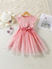 Girls Ruffled Sleeves Stars Mesh Princess Dress For Party