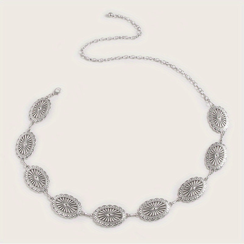 Silvery Hollow Oval Waist Chain Geometric Flower Carved Metal Body Chain