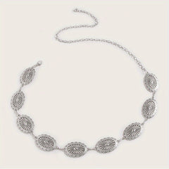 Silvery Hollow Oval Waist Chain Geometric Flower Carved Metal Body Chain