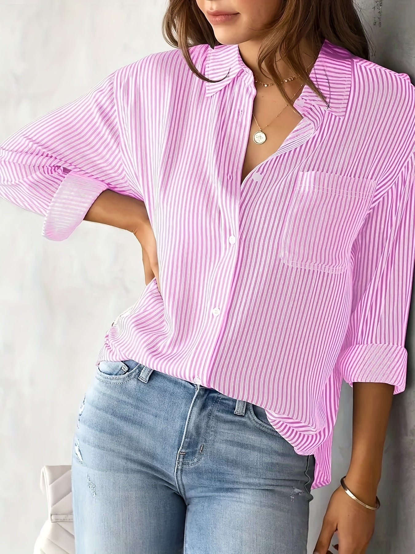  Stripe Print Long Sleeve Button Up Blouse