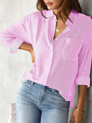 Stripe Print Long Sleeve Button Up Blouse