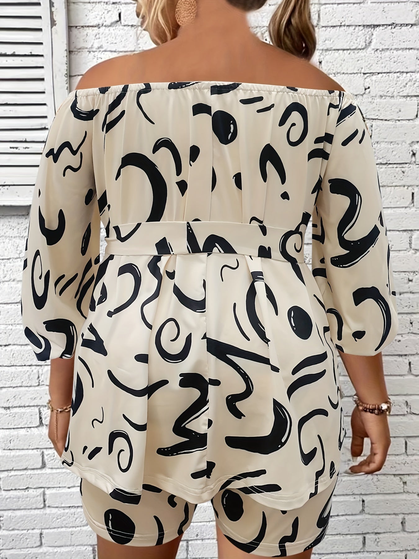  Graffiti Print Off Shoulder Top & Shorts Set