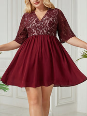  Solid Contrast Lace Mini Dress