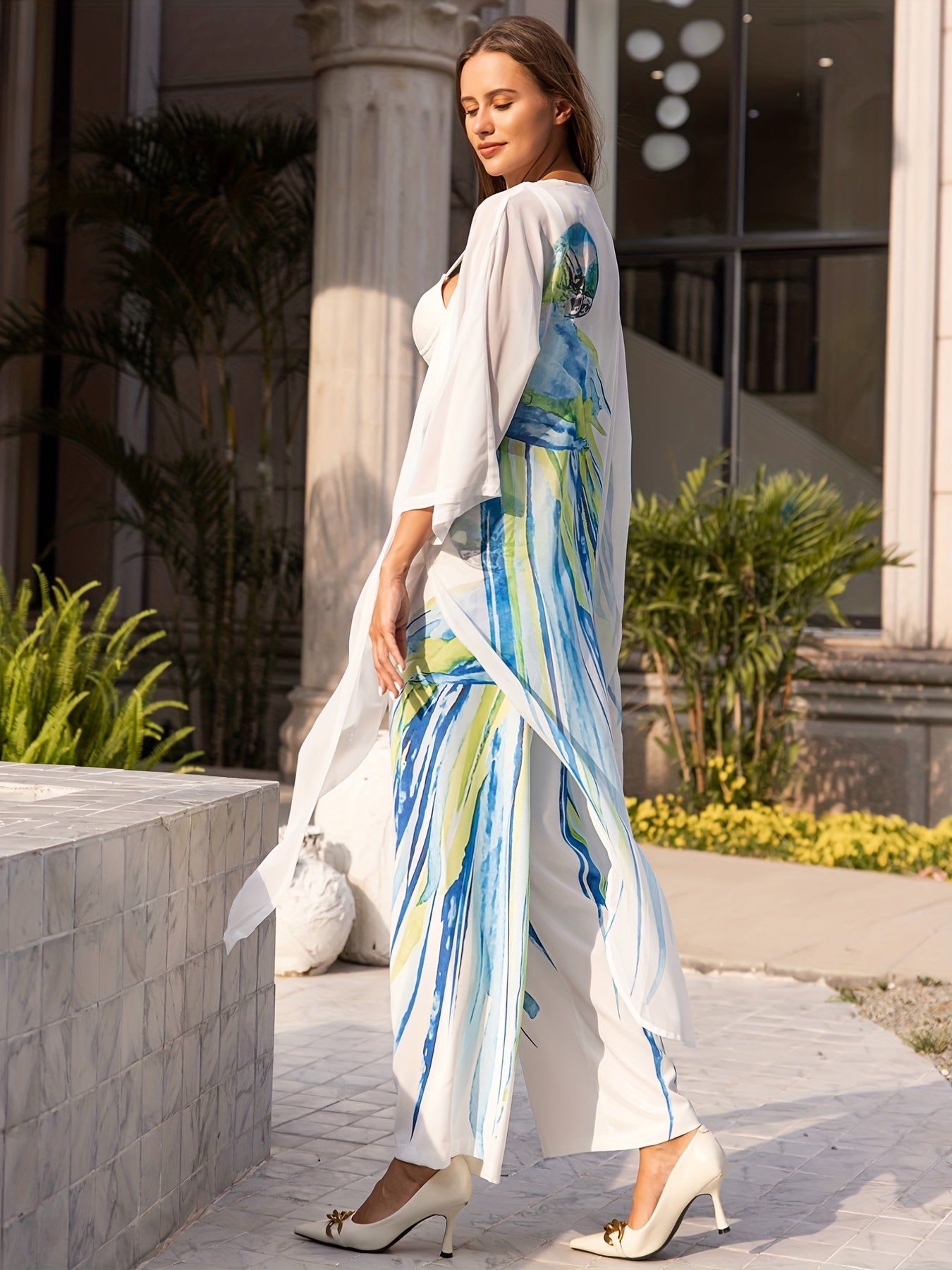 Bird Print Cover Up With Drawstring Pants & Long Sleeve
