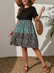  Colorblock Ditsy Floral Print Smock Dress
