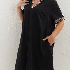  Colorblock Leopard Print V Neck Dress With Pockets