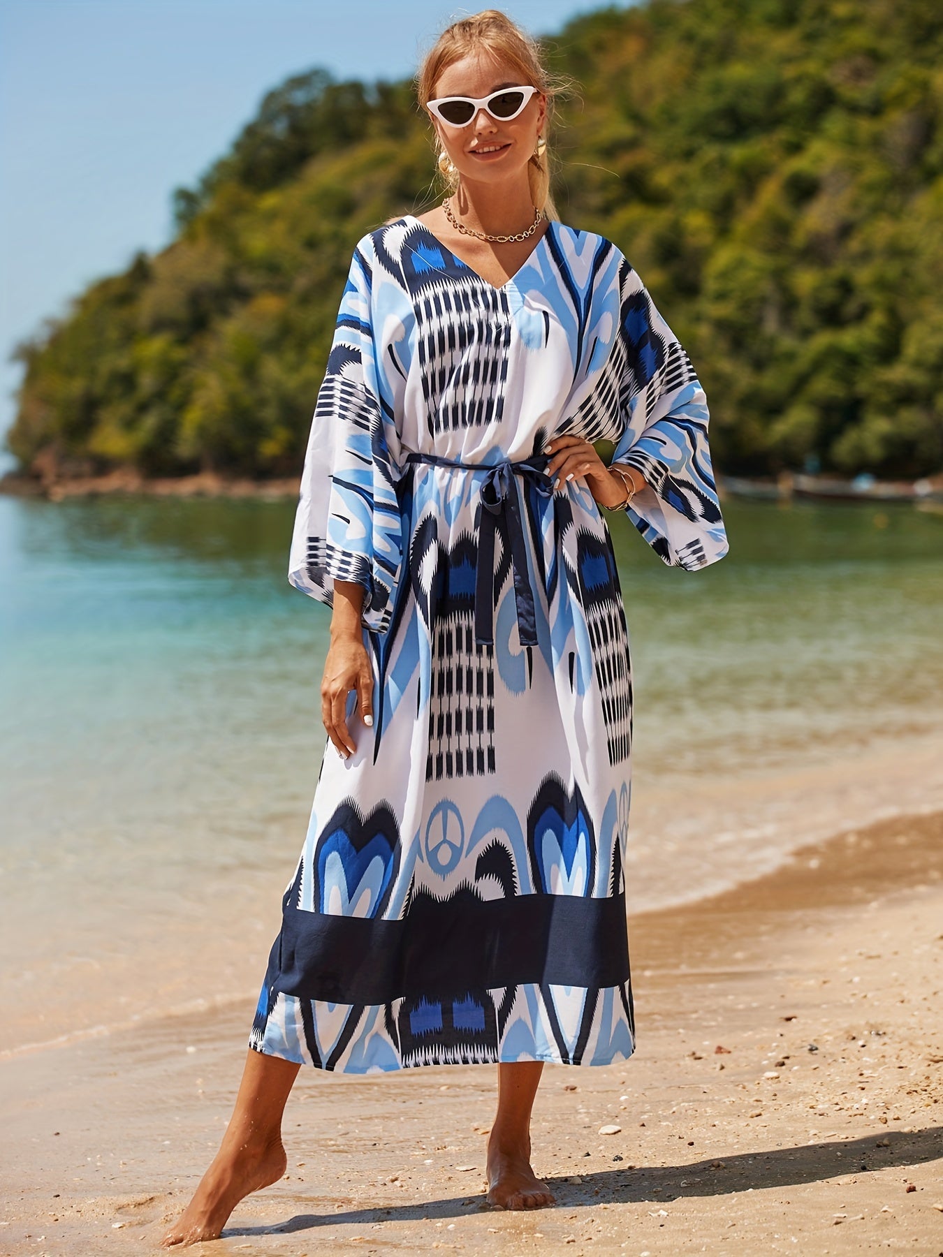  Boho Cover Up Women's Plus Tribal Print Bat Sleeve V Neck Loose