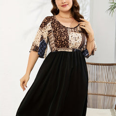  Colorblock Print Short Sleeve Round Neck Ruched Dress