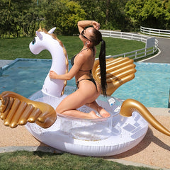 Golden Wings Swimming Float With Small Sequins Flying Horse Floating Bed