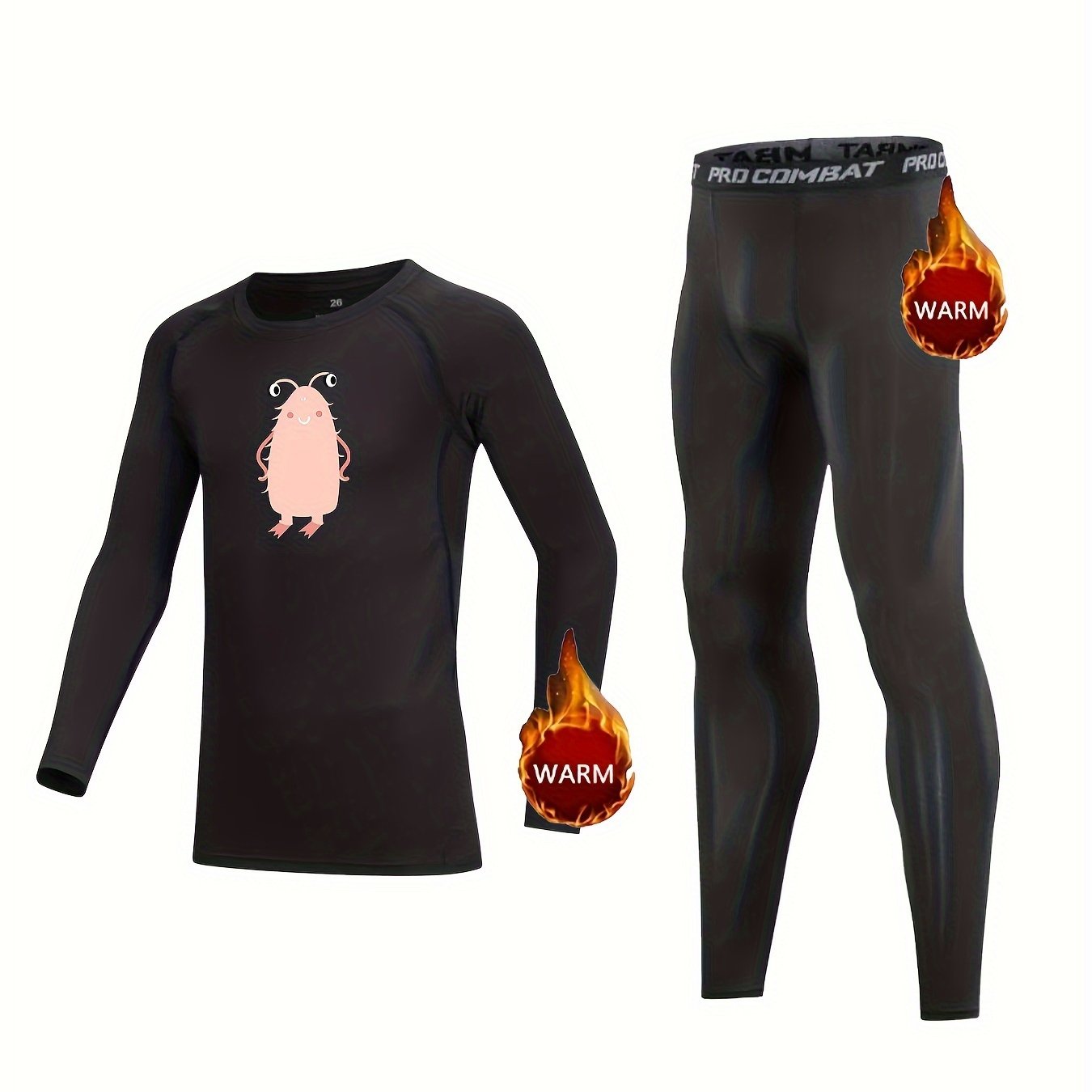 Kids Compression Fleece Sets, Cartoon Pattern Crew Neck Pullover & Pant