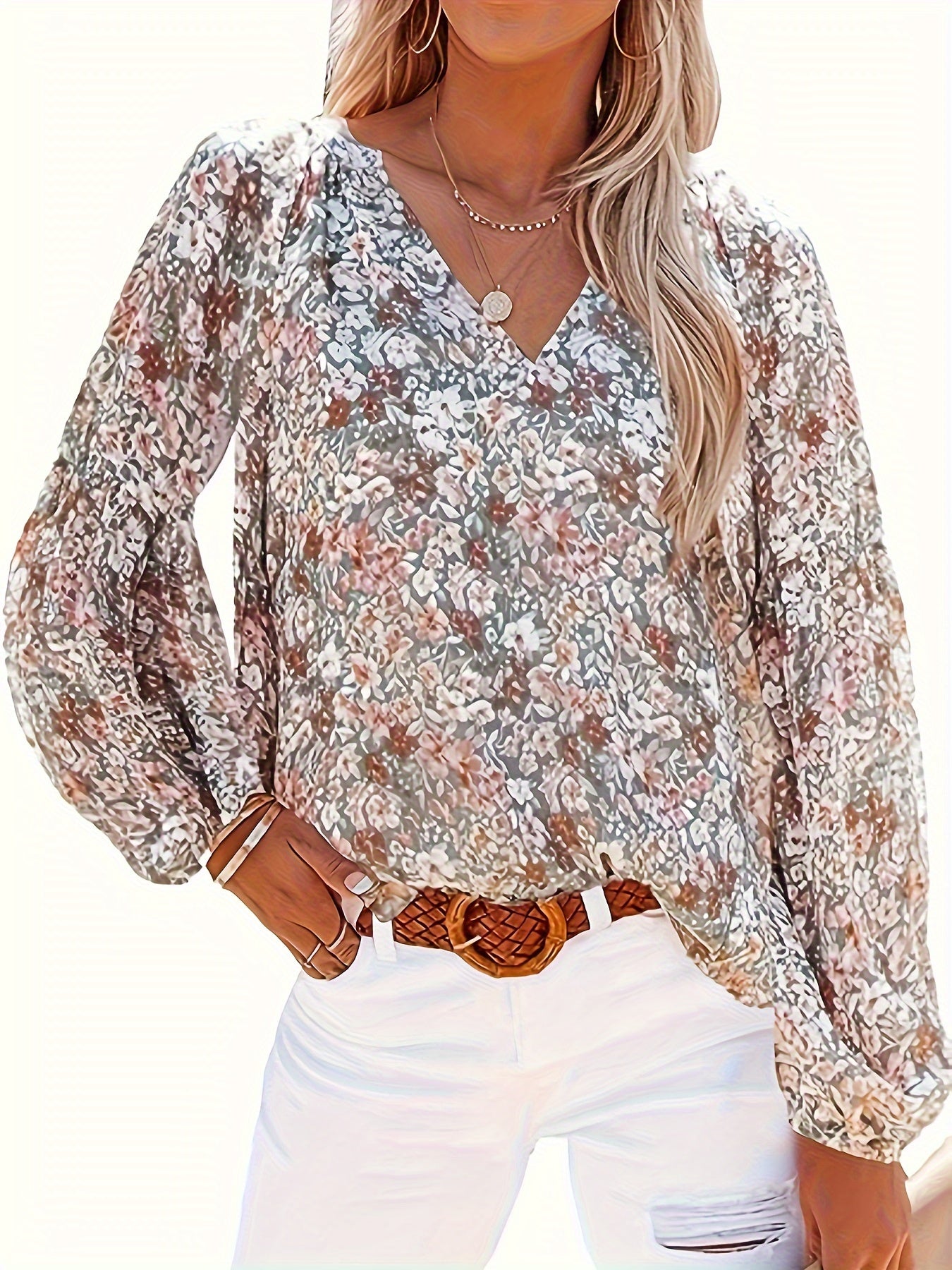  Boho Blouse Floral Print Lantern Sleeve V Neck Stretch Top