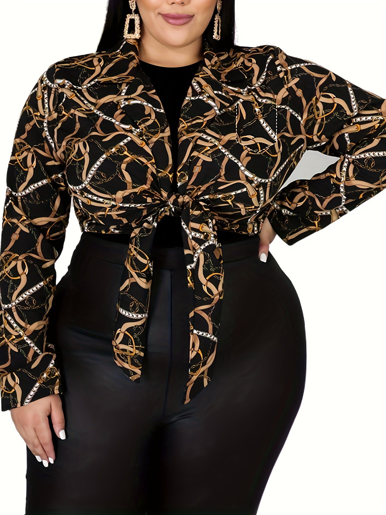  Sexy Blouse Women's Plus Chain Print Long Sleeve Knot Front Crop Top