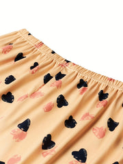  Heart Print Elastic Waist Loungewear Pants