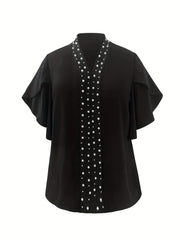  Faux Pearl Decor V Neck Blouse