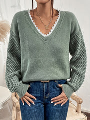 Lace V Neck Pullover Sweater Casual Long Sleeve Drop Shoulder Sweater