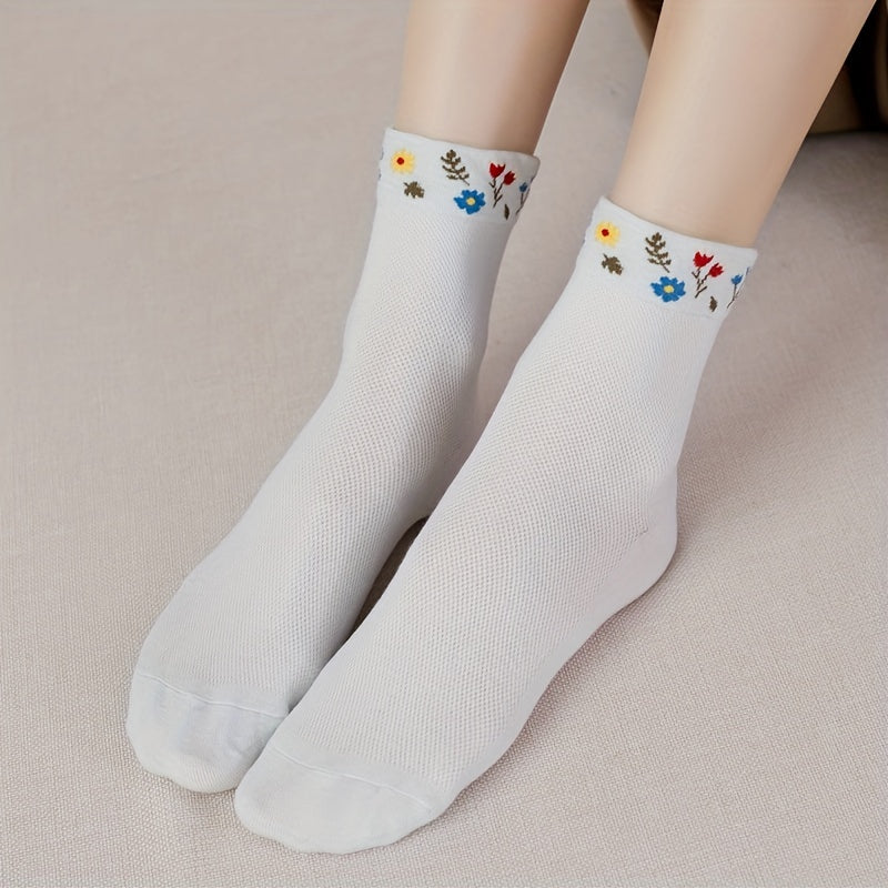 5 Pairs Floral Print Crew Socks Women's Stockings & Hosiery