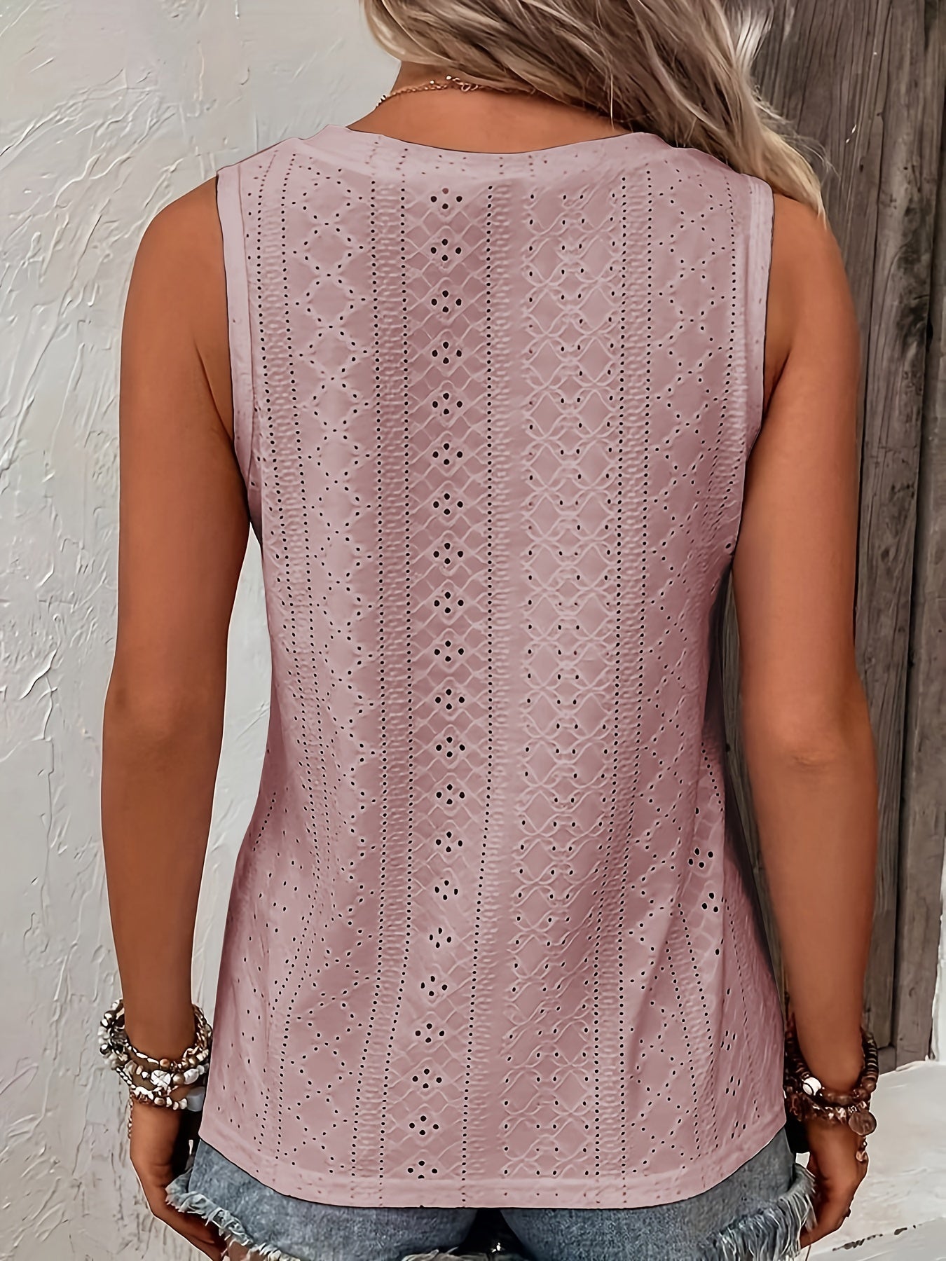  Casual Tank Top Women's Plus Jacquard Eyelet Embroidered Button