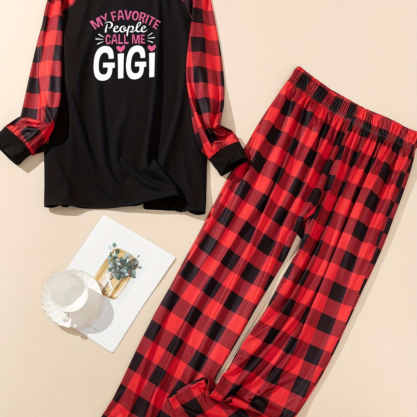  Slogan Print Plaid Lounge Set Tee & Pants Pajamas