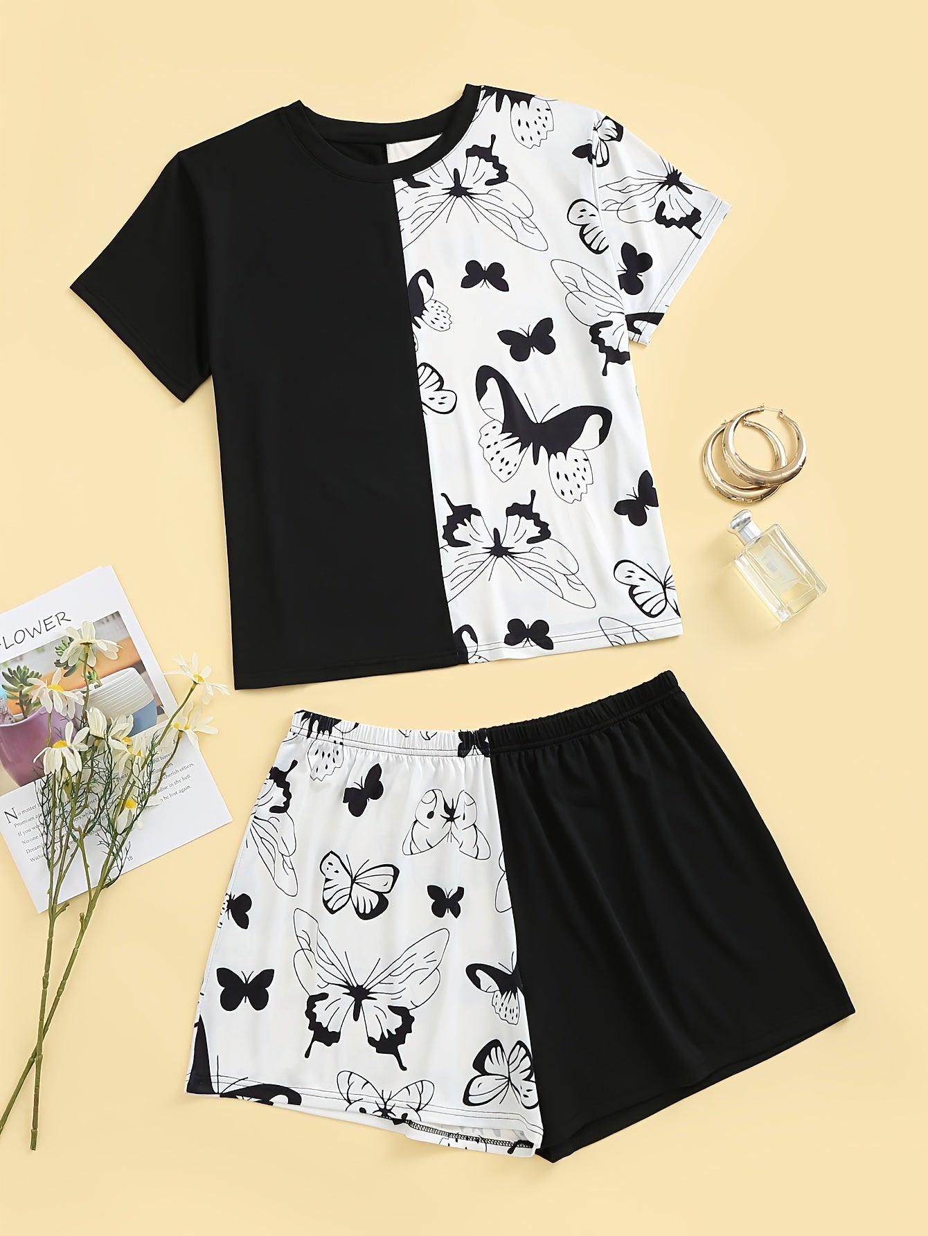  Colorblock Butterfly Print Tee & Shorts Set