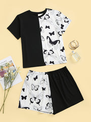  Colorblock Butterfly Print Tee & Shorts Set