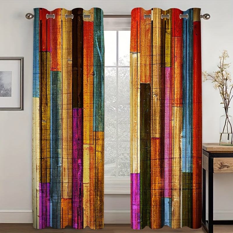2pcs Wood Stripe Pattern Semi Blackout Curtains
