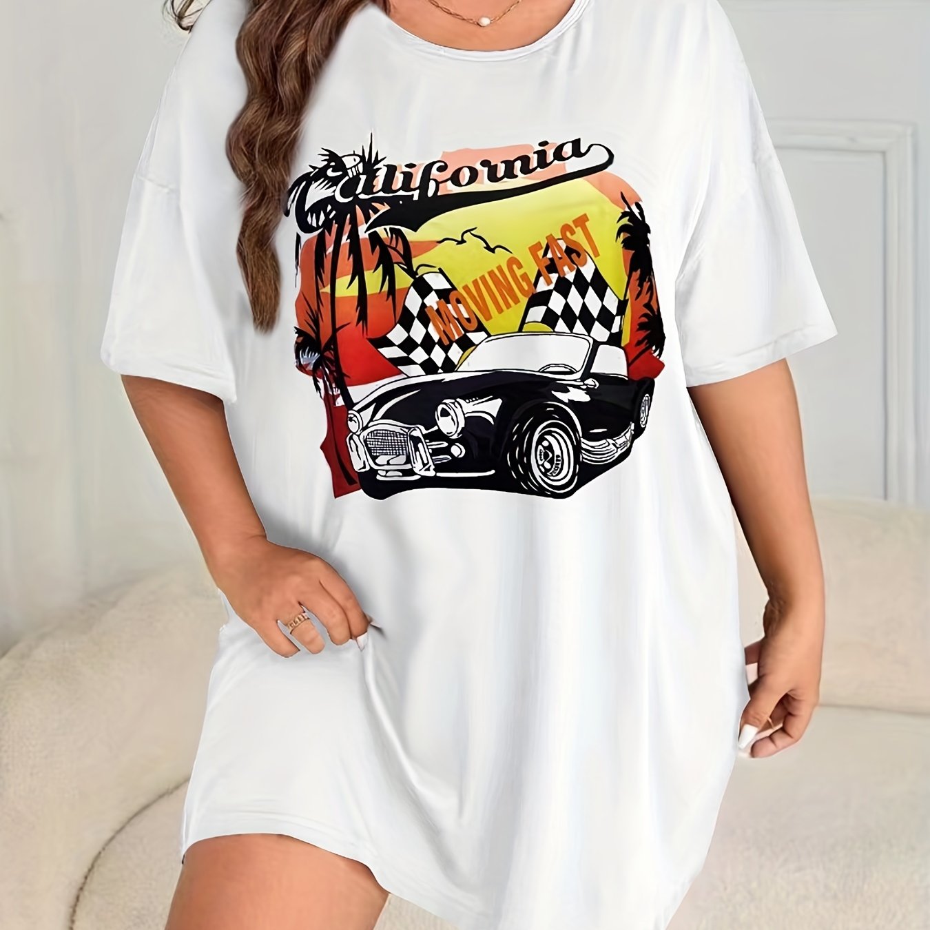  Car Print Short Sleeve Round Neck Sleep Dress