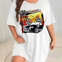  Car Print Short Sleeve Round Neck Sleep Dress