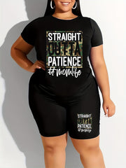  Camo & Letter Print Tee & Shorts 2 Piece Set