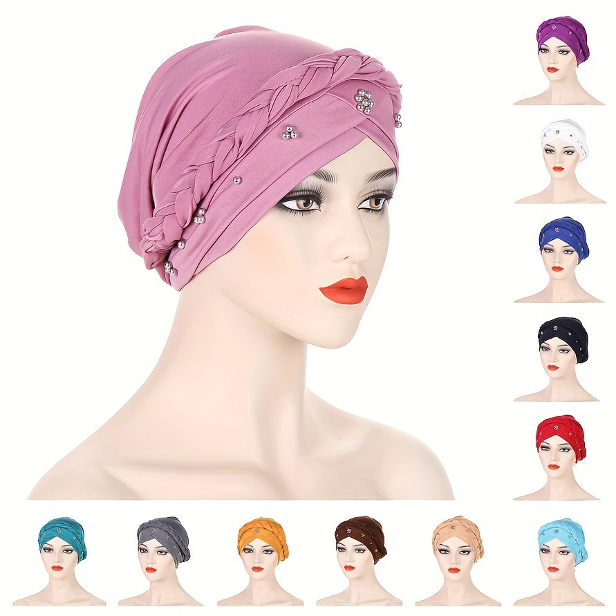 Beads Decor Braided Turban Cap Elastic Hijab Hat Lightweight Head Wraps
