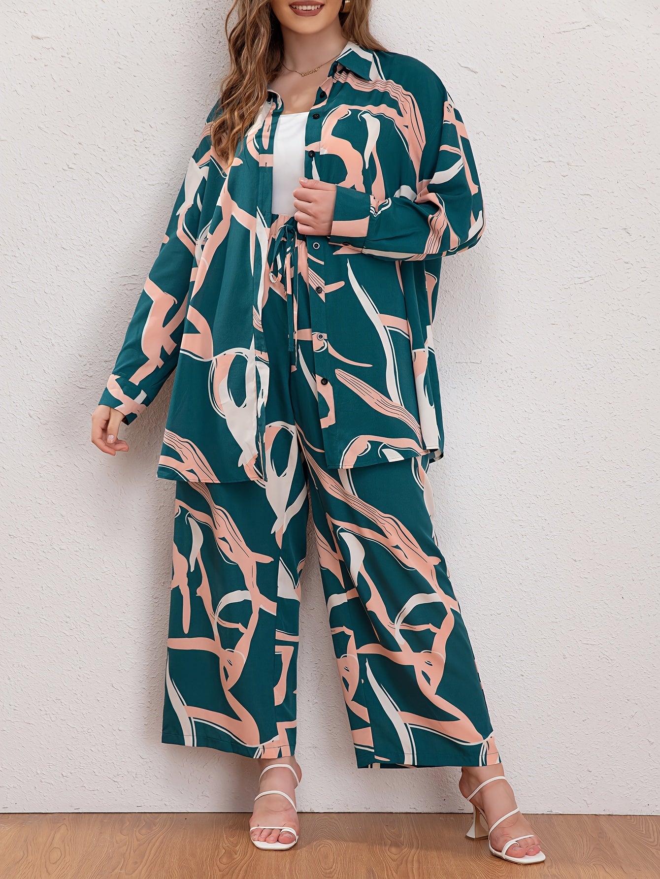  Graffiti Print Long Sleeve Shirt & Pants Set