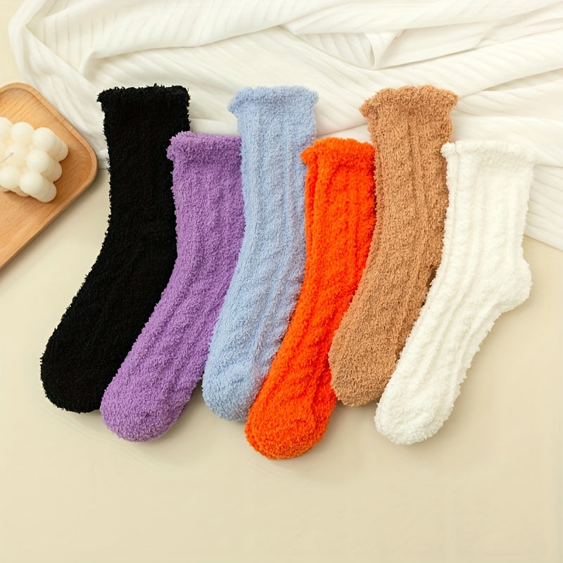 6 Pairs Solid Fuzzy Socks Comfy & Warm Mid Tube Women's Stockings