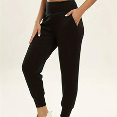 Women's Plus Solid Wideband Waist High Rise Joggers With Pockets