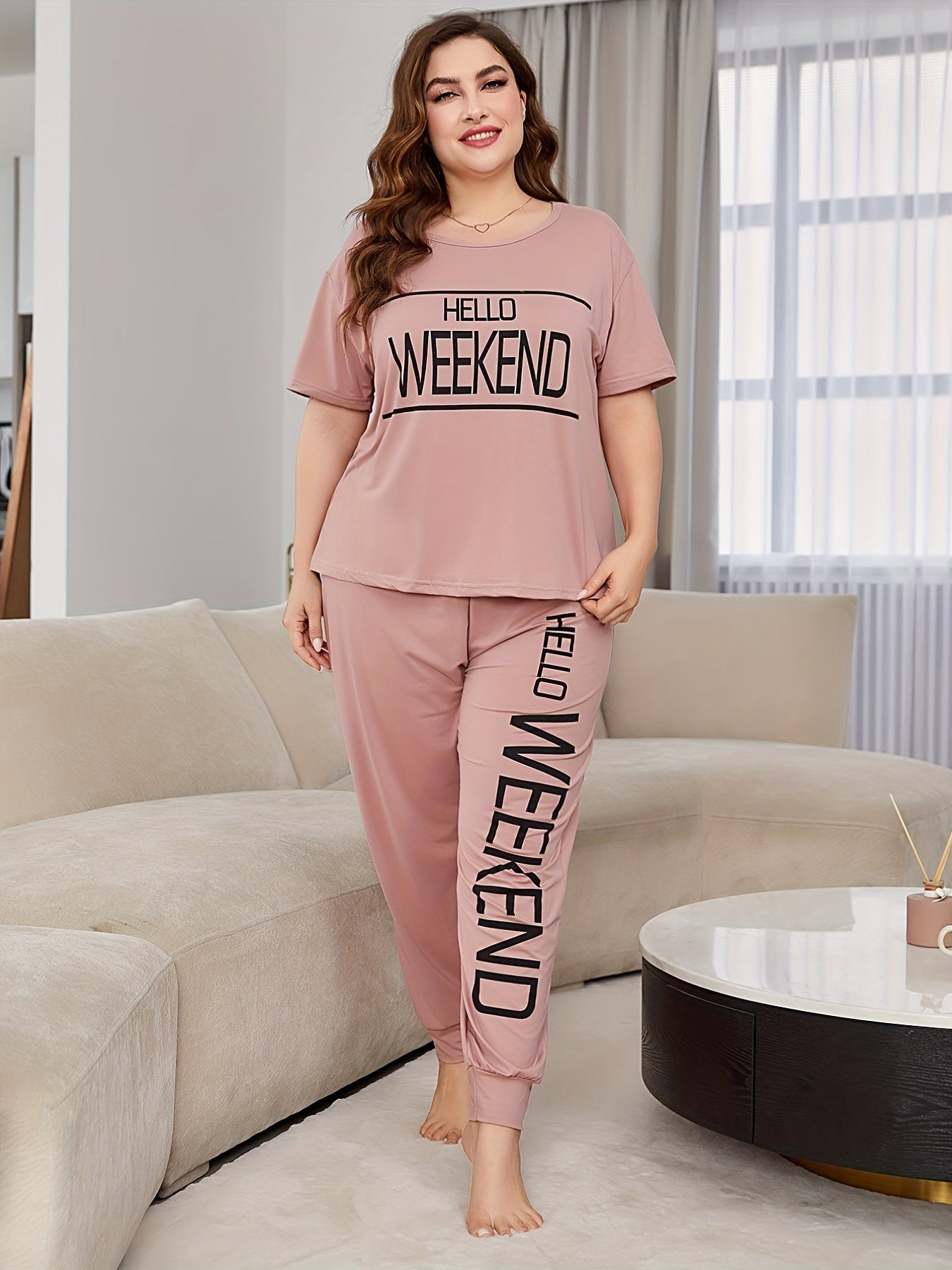 Letter Print T-shirt & Pants Pajama Set