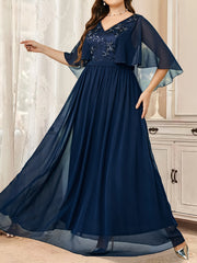  Wedding Dress Embroidered V-Neck Flutter Sleeve Maxi Bridesmaid Dress