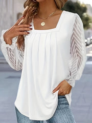  Solid Contrast Lace Lantern Sleeve Square Neck Top