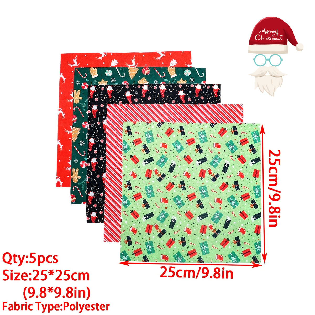 5pcs Christmas Pattern Polyester Printed Fabric Christmas Socks Gift Quilted Fab