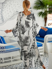  Leaf Print Bat Sleeve V Neck Cover Up Dress