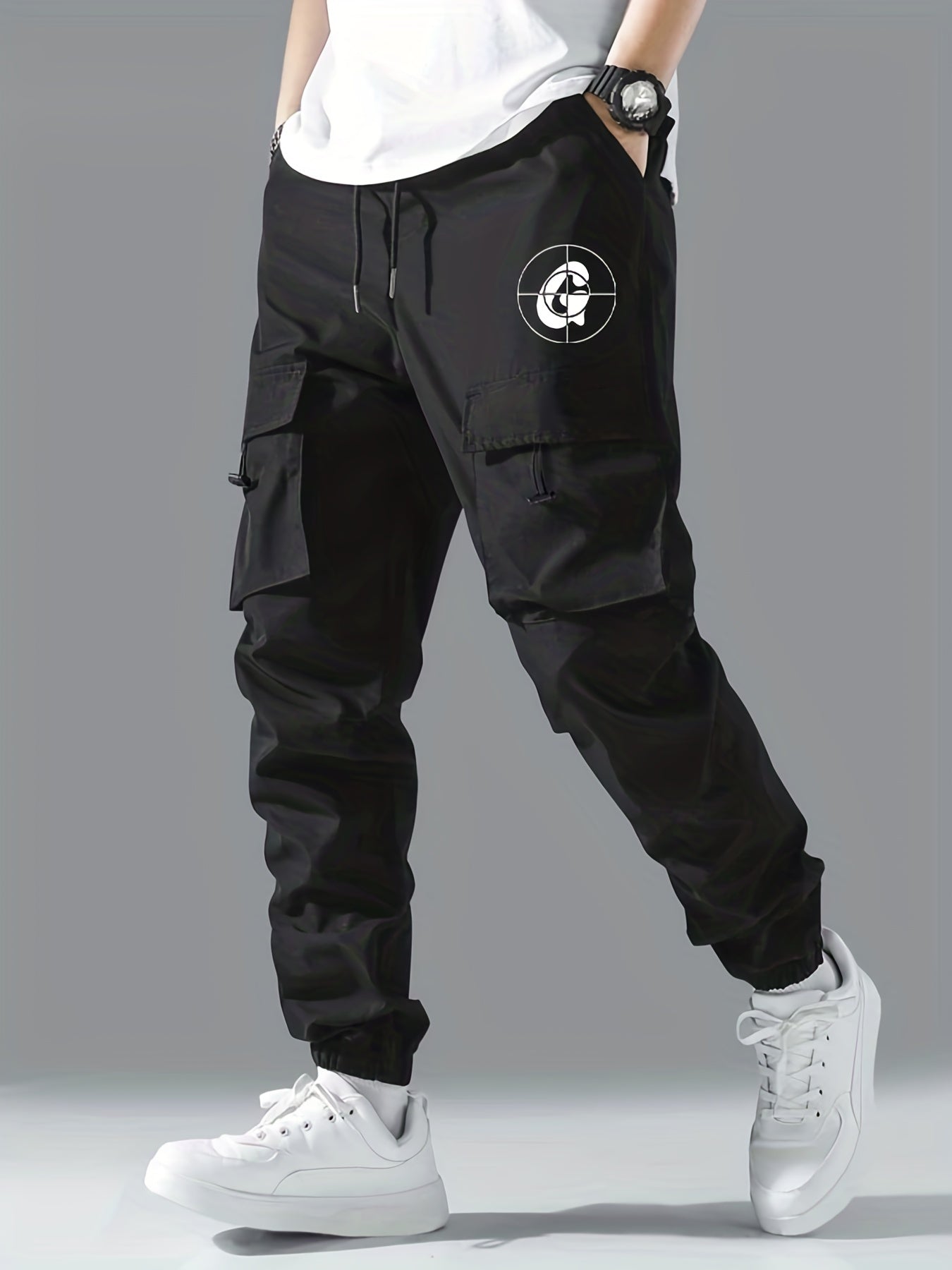 G Print Cargo Pants Men's Flap Pocket Trousers Loose Casual Outdoor Pants